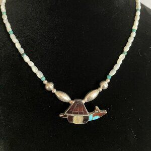 Vintage dainty Native Zuni Turtle pendant Necklace in Turquoise, MOP, Sterling